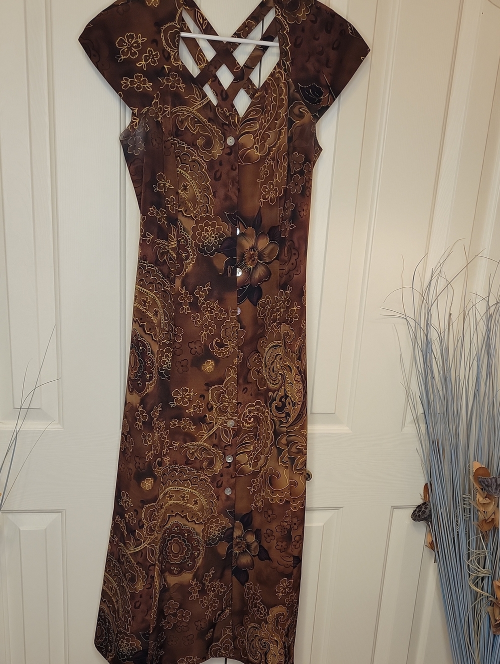 J.B.S. Brown Paisley Floral Maxi Dress with Lattice V-Neck